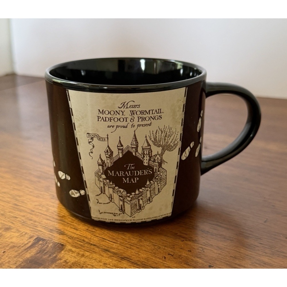 Harry Potter Hogwarts Mug Black Tan Marauders Map